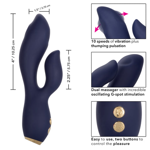 Chic Blossom Navy Blue Flexible Silicone Dual Motor Vibrator with Gold Accents, 10 Speeds, Waterproof and Rechargeable > Vibrators > Ladies > Rabbit