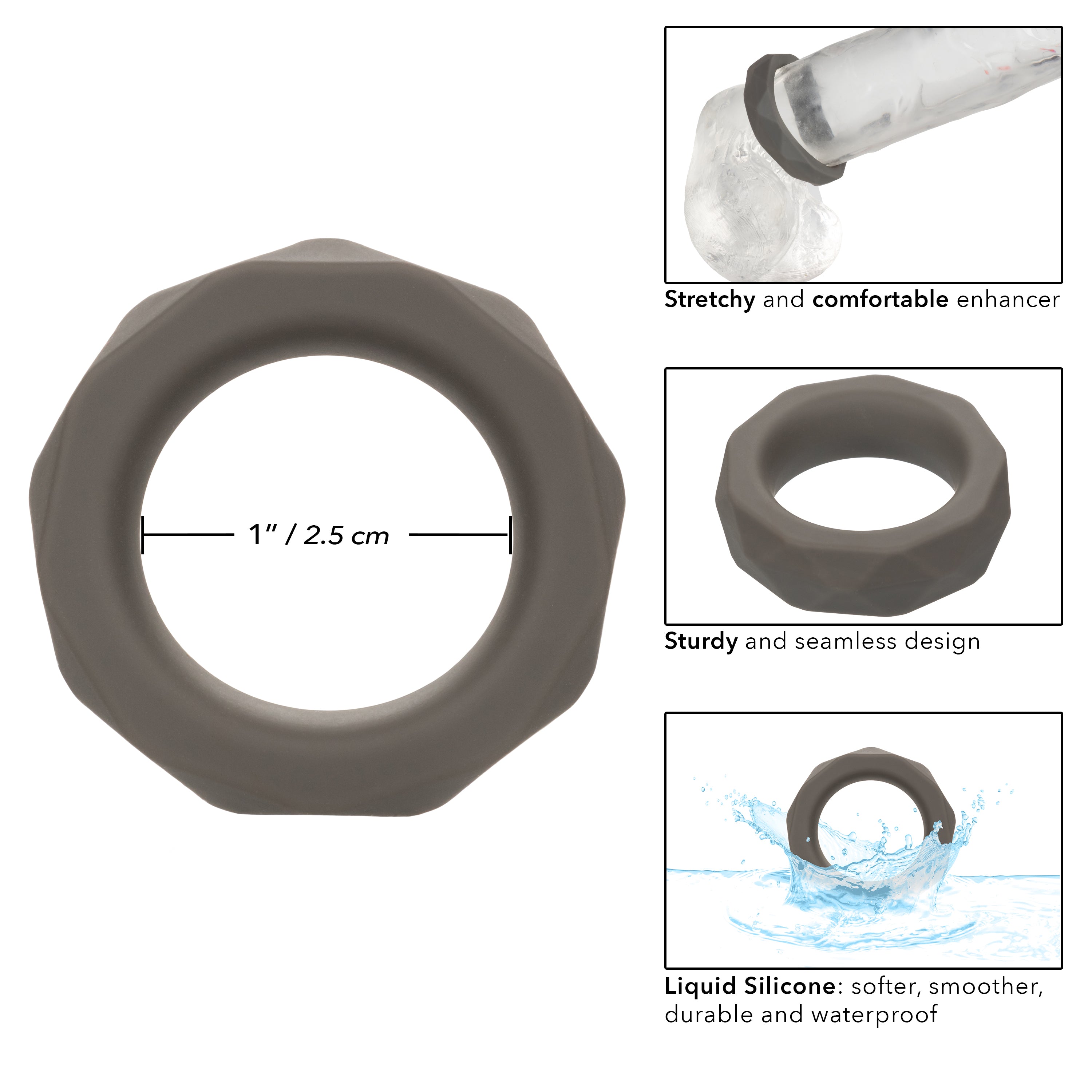 Alpha Liquid Silicone Prolong Prismatic Ring Gray 1 Inch Diameter Stretchy Durable Silicone > Cock Ring > Single