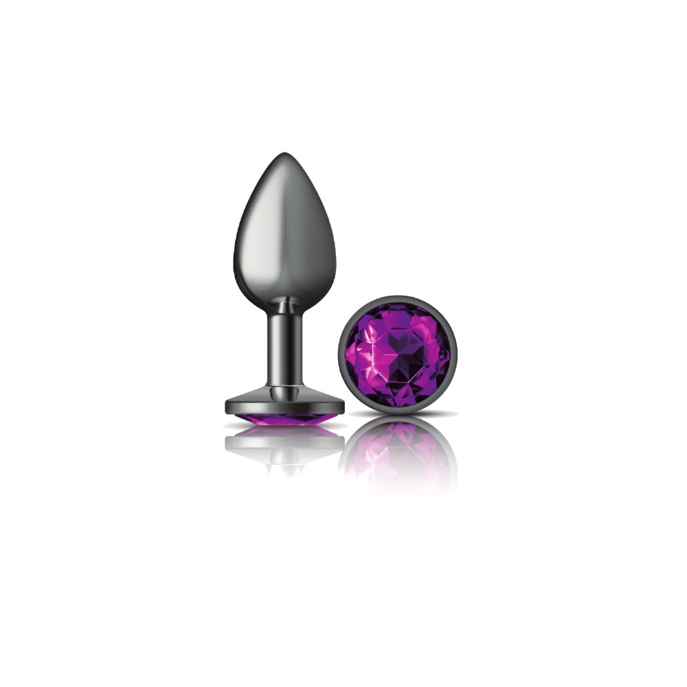 Cheeky Charms Gunmetal Round Butt Plug with Purple Jewel Small Purple Small > Anal Range > Jewel Butt Plugs