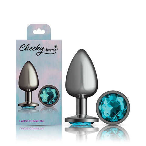 Cheeky Charms Gunmetal Round Butt Plug with Teal Jewel Large > Anal Range > Jewel Butt Plugs