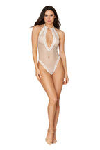 Fishnet Halter Teddy with Stretch Lace Edge Trims in White > Clothes > Teddies