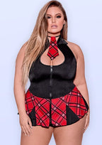 Coed Cutie Red Queen Size Halter Dress with Plaid Detail and Matching Tie Necklace