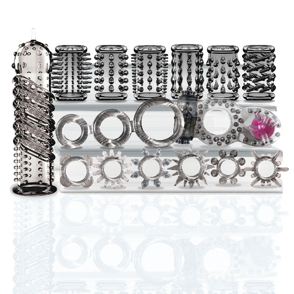 Try-Curious Cock Ring and Sleeve Set Clear – 15 Piece TPR Cock Ring and Sleeve Kit Secondary image
