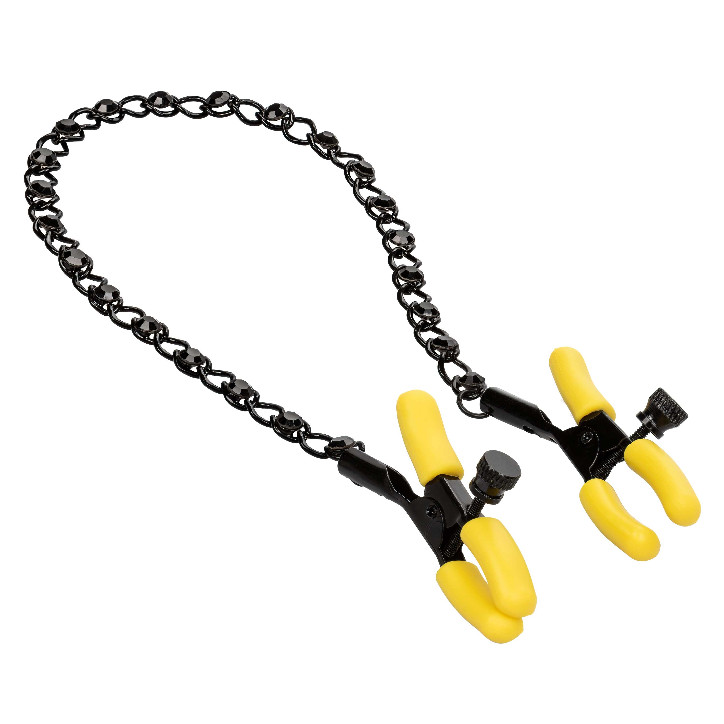 Boundless Nipple Teasers Adjustable Black Chain with Yellow Silicone Coated Clamps and Crystal Adornments > Sex Toys > Nipple Clamps