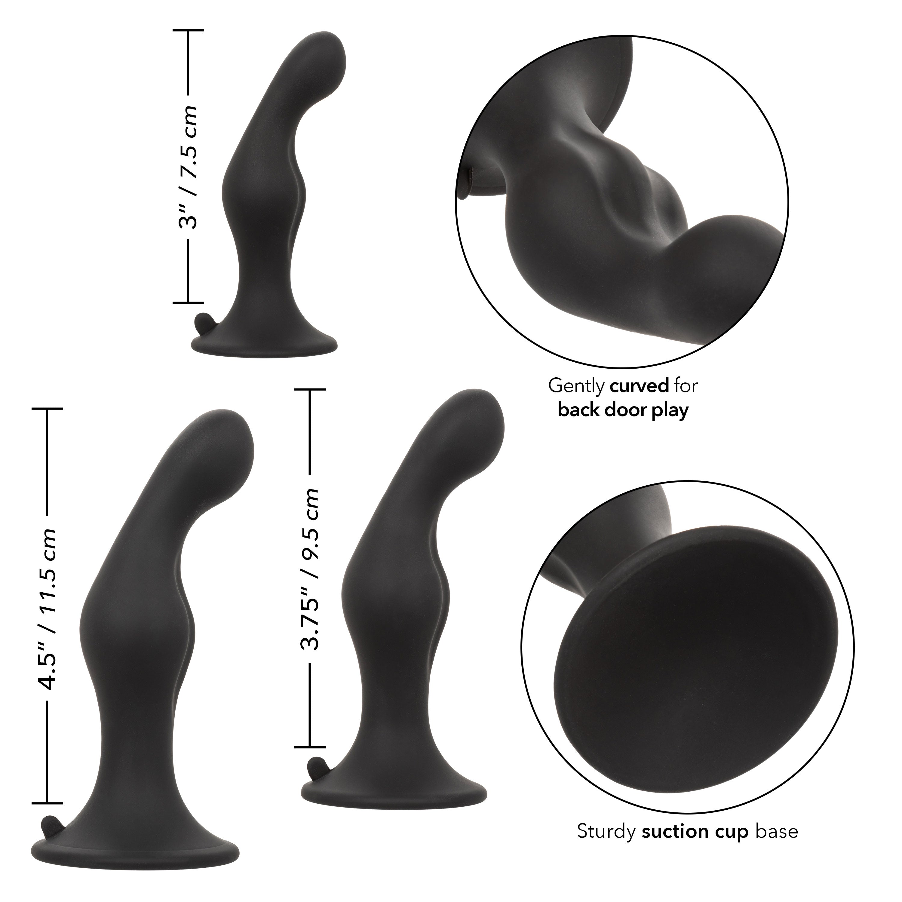 Silicone Anal Ripple Kit Set of 3 Black Graduated Curved Anal Plugs with Suction Cup Base > Anal Range > Butt Plug Kits