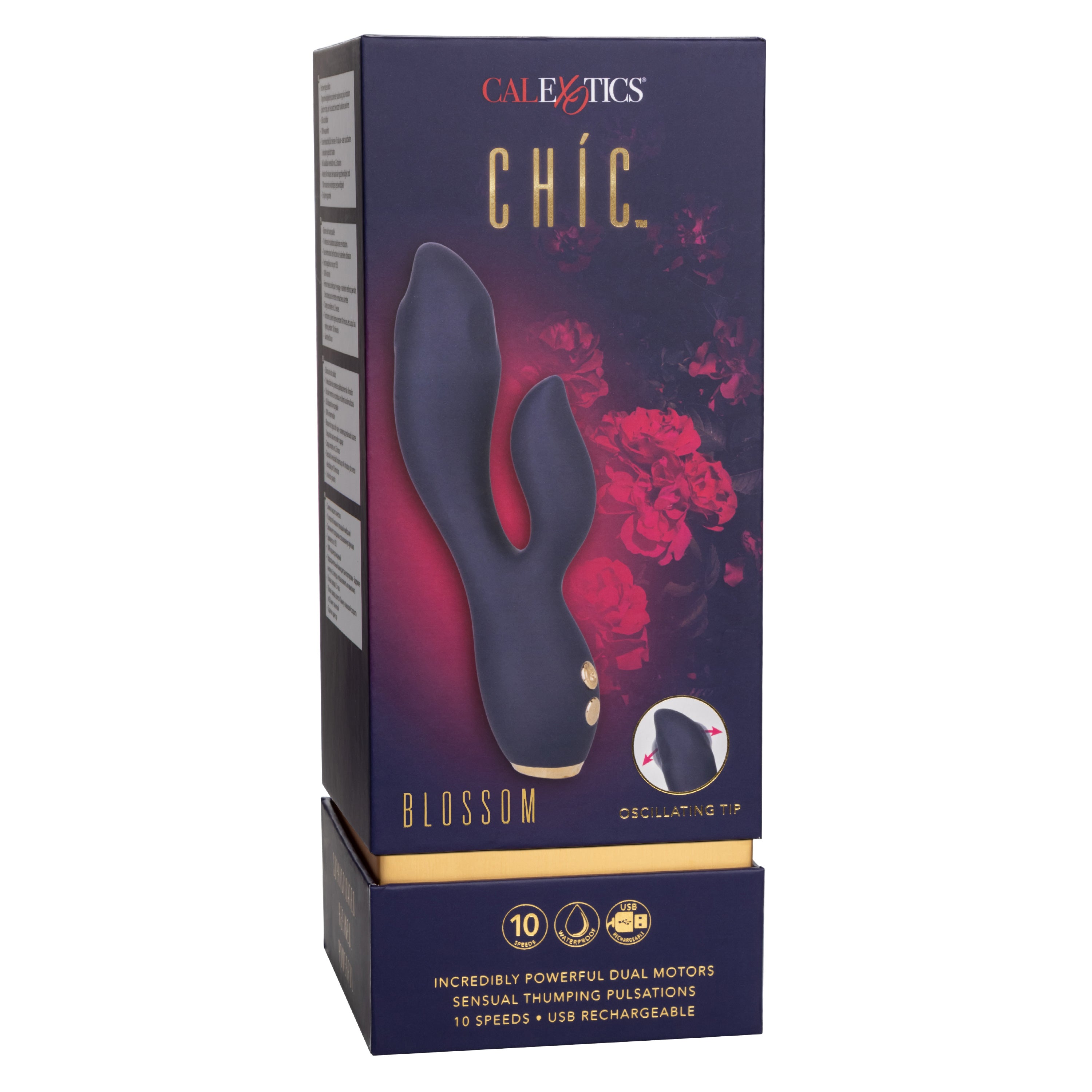 Chic Blossom Navy Blue Flexible Silicone Dual Motor Vibrator with Gold Accents, 10 Speeds, Waterproof and Rechargeable > Vibrators > Ladies > Rabbit