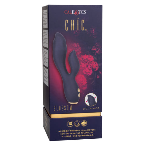Chic Blossom Navy Blue Flexible Silicone Dual Motor Vibrator with Gold Accents, 10 Speeds, Waterproof and Rechargeable > Vibrators > Ladies > Rabbit