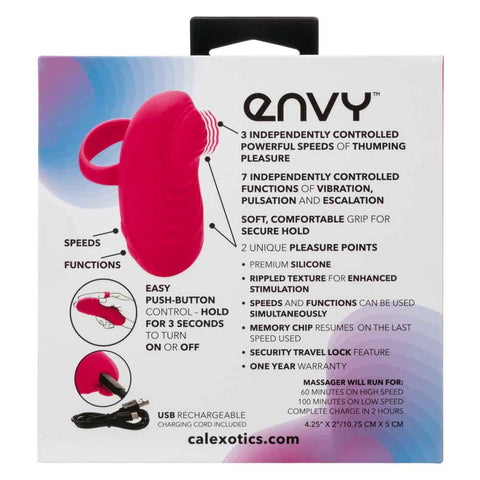 Envy Handheld Thumping Massager Pink Silicone Waterproof with Dual Motors and 3 Speeds, 7 Functions, USB Rechargeable Finger Stimulator