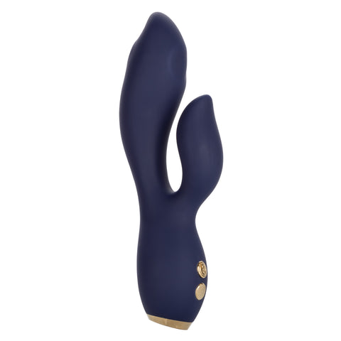 Chic Blossom Navy Blue Flexible Silicone Dual Motor Vibrator with Gold Accents, 10 Speeds, Waterproof and Rechargeable > Vibrators > Ladies > Rabbit