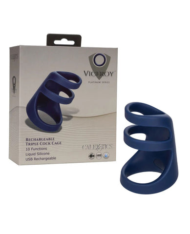Viceroy Triple Cock Cage Liquid Silicone Ring with 10 Vibration Functions, Blue, 3.5in x 2in > Bondage Gear > Male Chastity