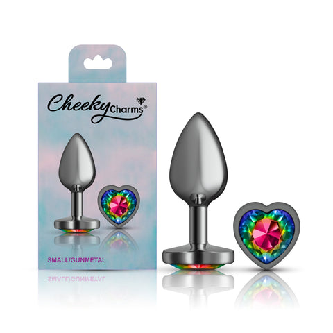 Cheeky Charms Gunmetal Butt Plug with Heart Rainbow Jewel Small > Anal Range > Jewel Butt Plugs