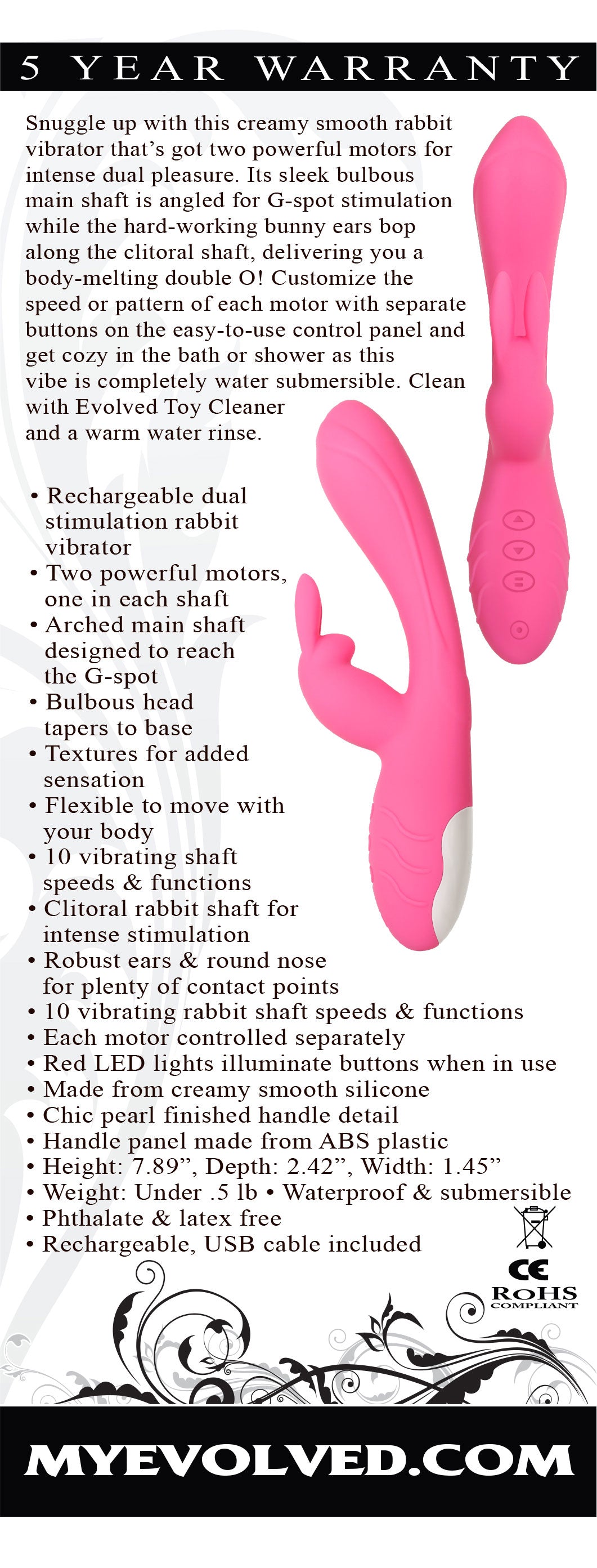 Evolved Bunny Kisses 20 Centimeter USB Rechargeable Rabbit Vibrator Pink VIBRATORS-RABBIT