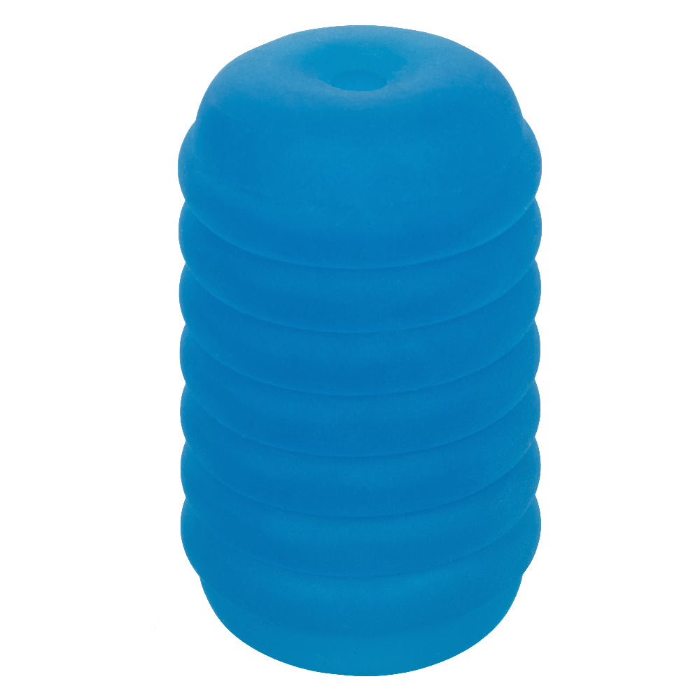 Pop Sock Ribbed Blue Versatile Reversible Stroker 3.5 Inch by 2 Inch Soft Stretchy TPE Strokers - Cup|Egg