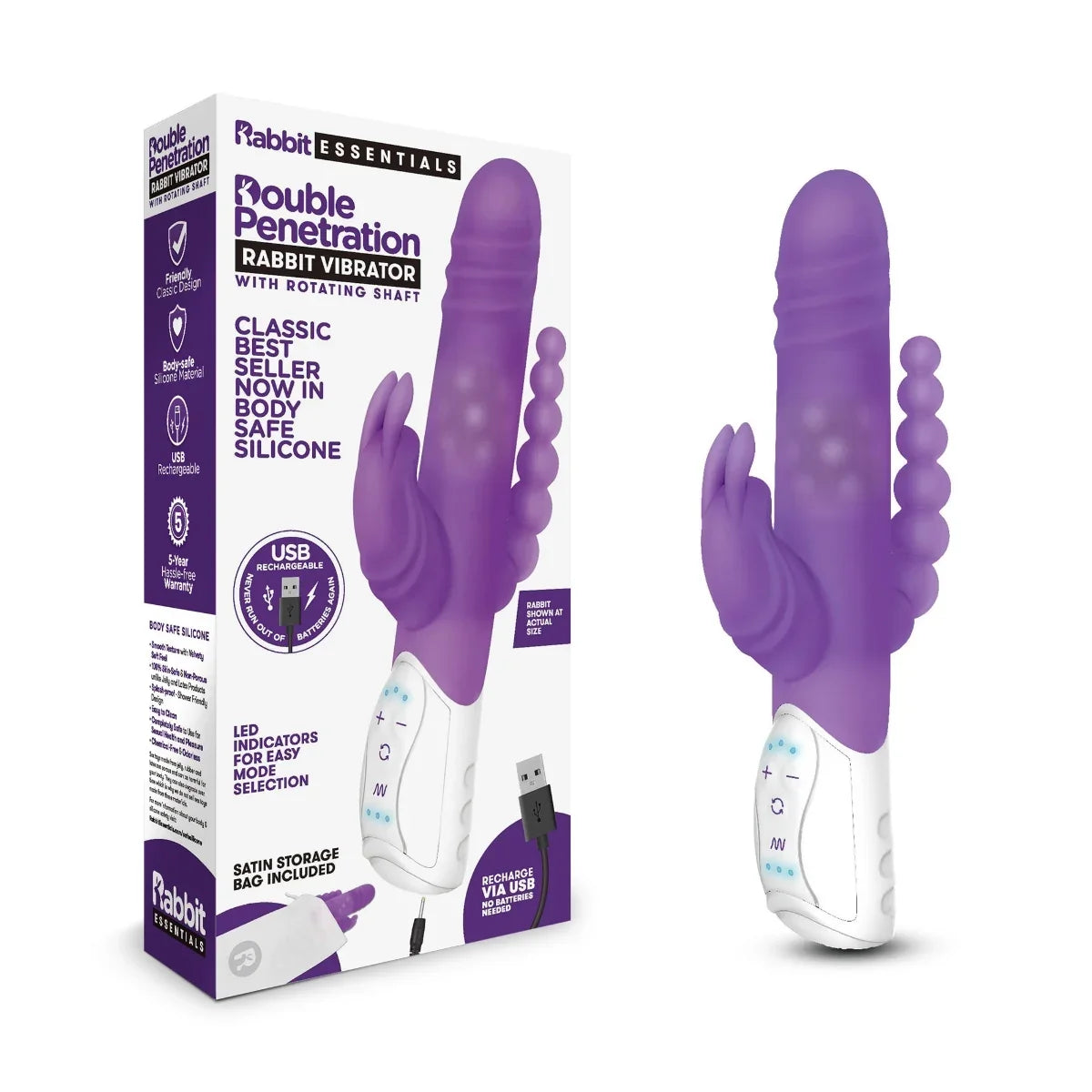 Rabbit Essentials Double Penetration Rabbit Vibrator in Purple with Rotating Beads and Body-Safe Silicone > Vibrators > Ladies > Rabbit Multi