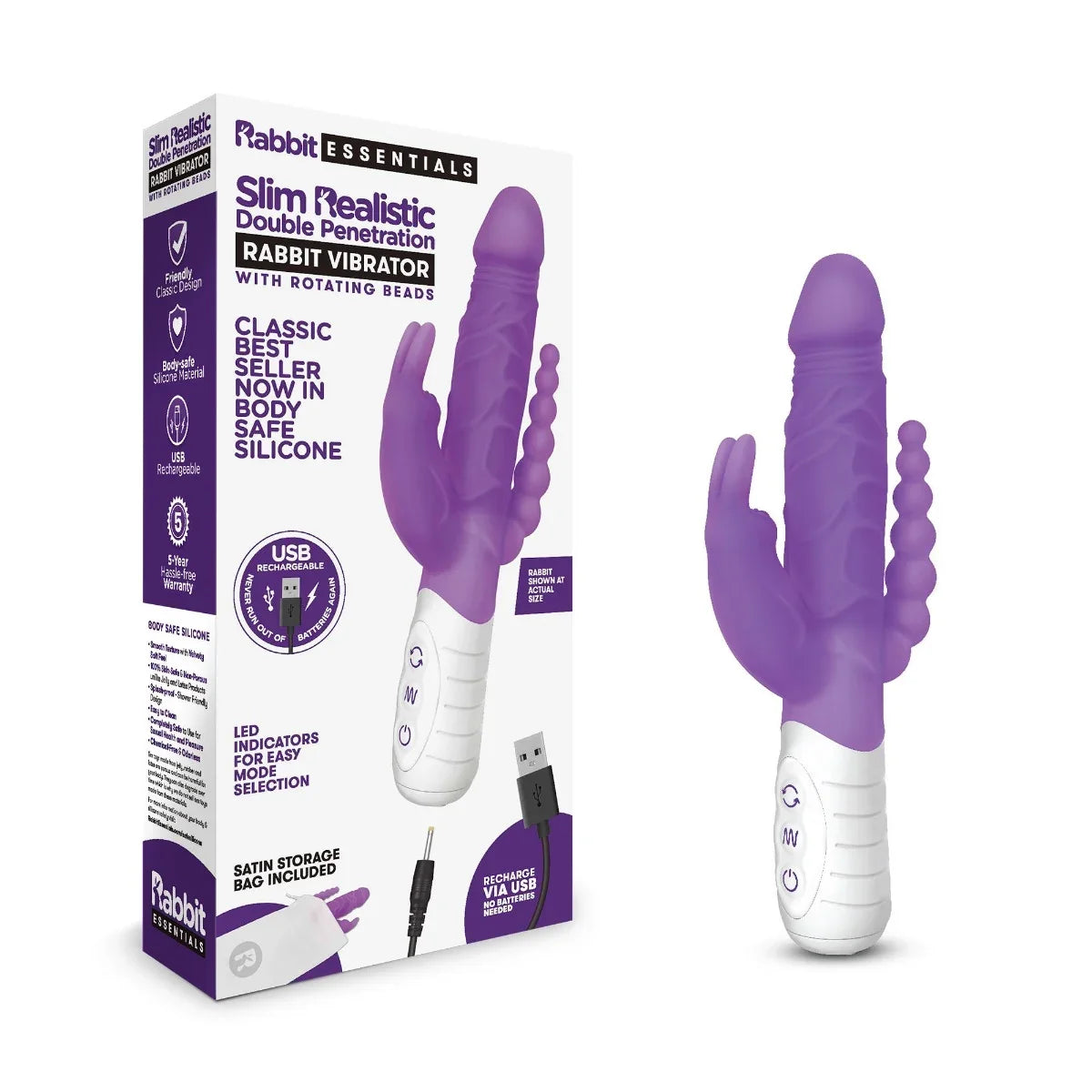 Rabbit Essentials Slim Double Penetration Rabbit Vibrator in Purple with Body-Safe Silicone > Vibrators > Ladies > Rabbit Multi