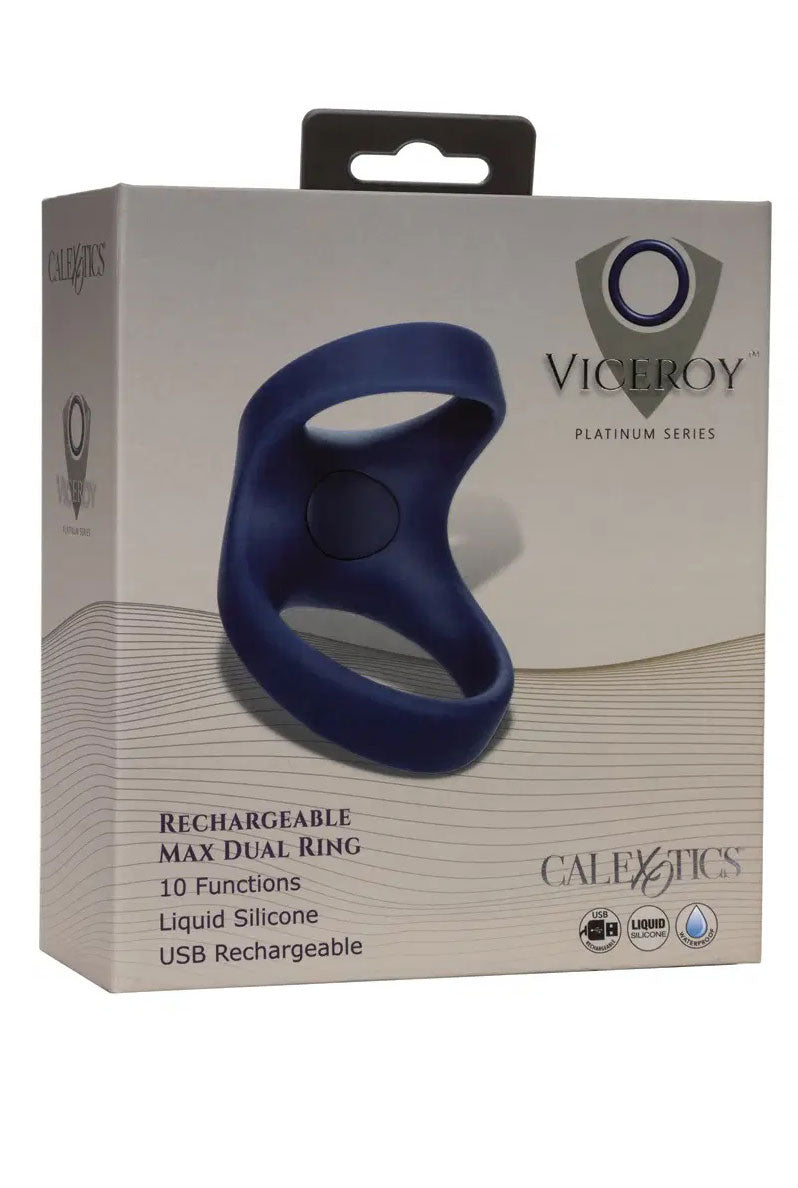 Viceroy Max Dual Ring Blue Liquid Silicone 2.75in x 2in with 10 Vibration Functions Rechargeable > Cock Ring > Sling