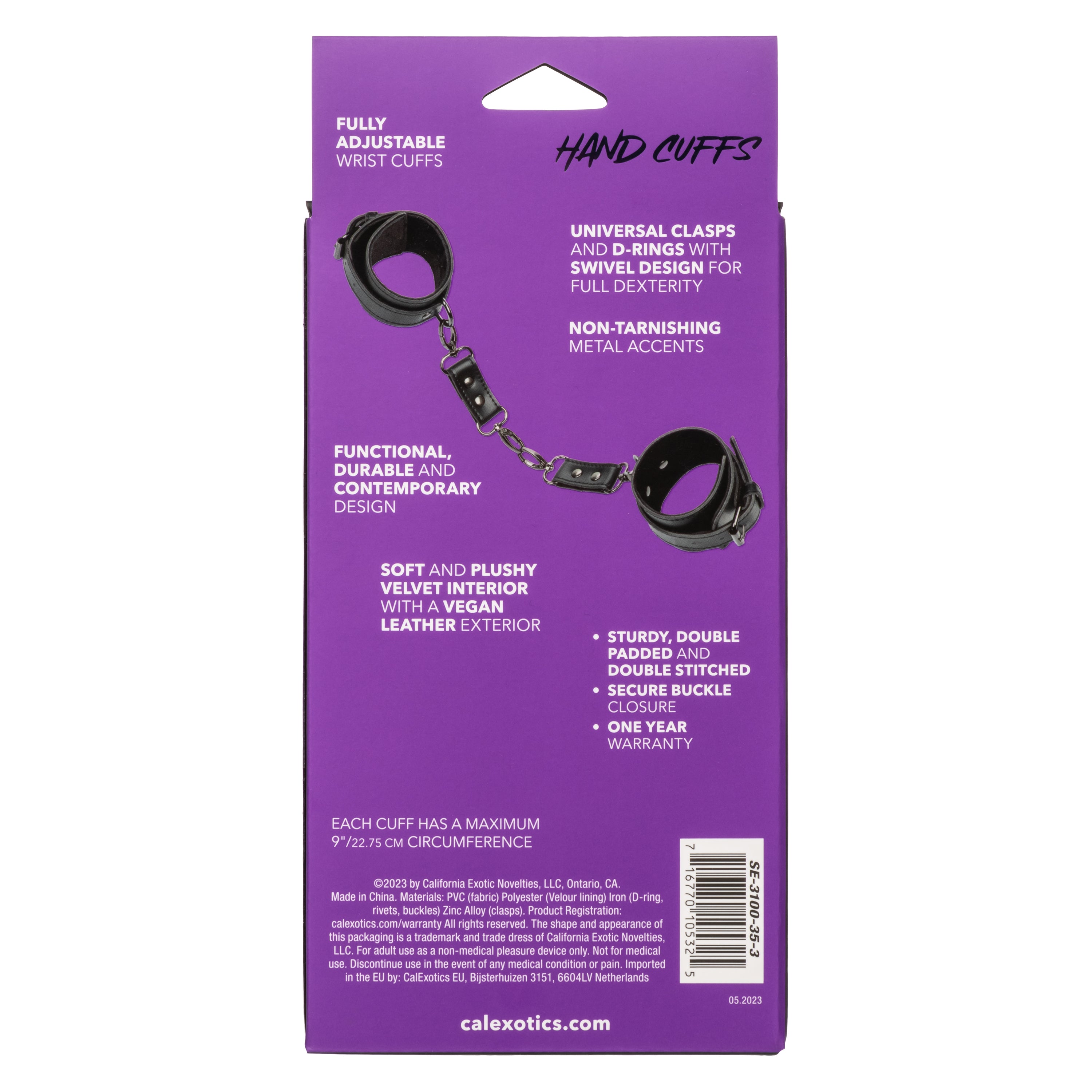 Euphoria Collection Black Adjustable Hand Cuffs with Velvet Interior and Vegan Leather Exterior > Bondage Gear > Restraints