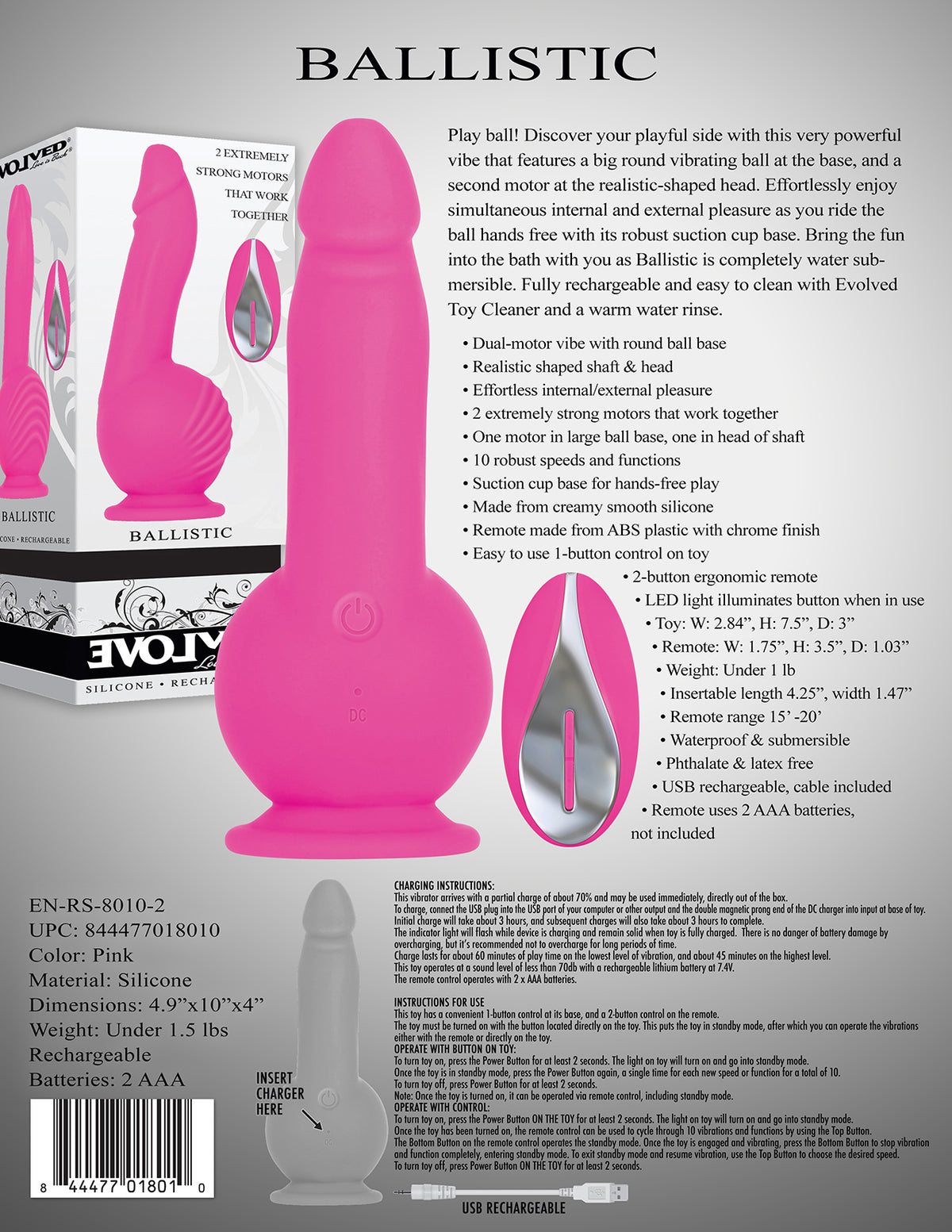Evolved Ballistic 19 cm Vibrating Dong with Remote > Vibrators > Realistic Vibrators