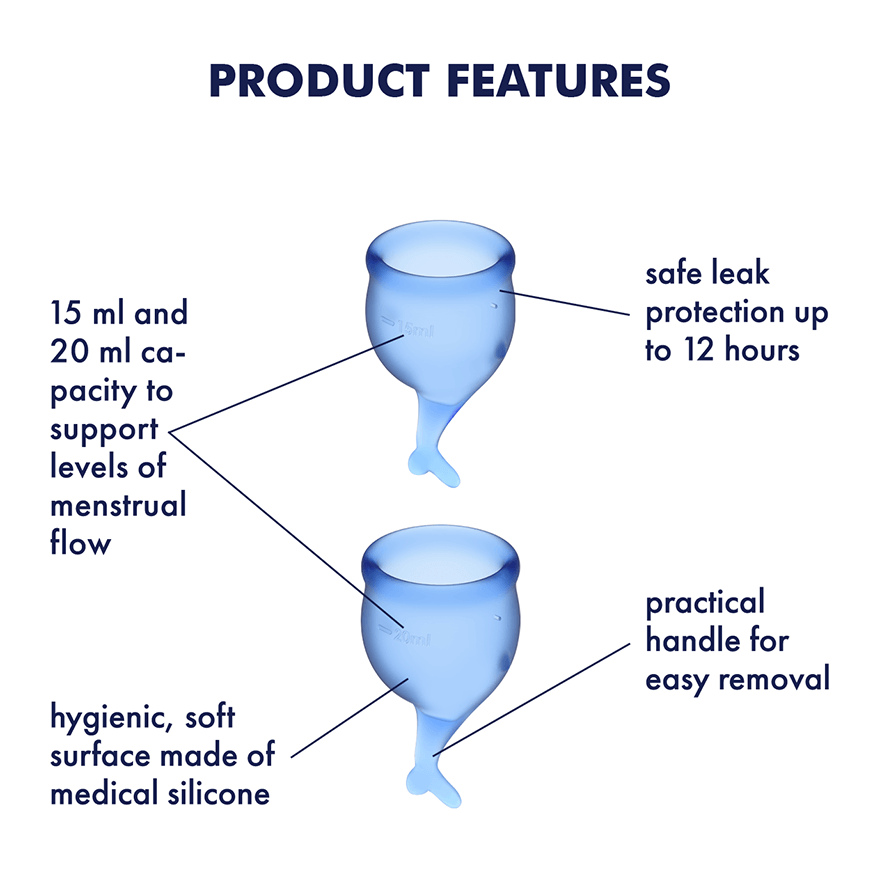 Satisfyer Feel Secure Menstrual Cup Dark Blue Medical Grade Silicone 15ml and 20ml Reusable Kit > Essentials > Menstrual Products