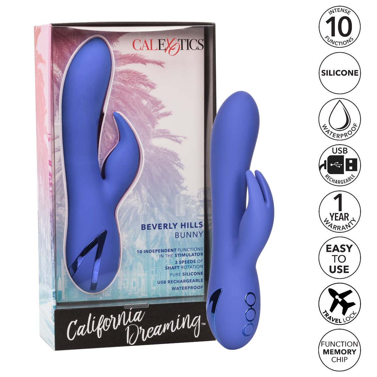 California Dreaming Beverly Hills Bunny Silicone Massager with 10 Vibration Functions and 3 Rotation Speeds > Vibrators > Ladies > Rabbit