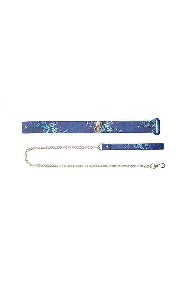 Ouch Florence Collection Collar with Leash PU Leather with Iridescent Hardware - Blue > Bondage Gear > Collars & Leashes