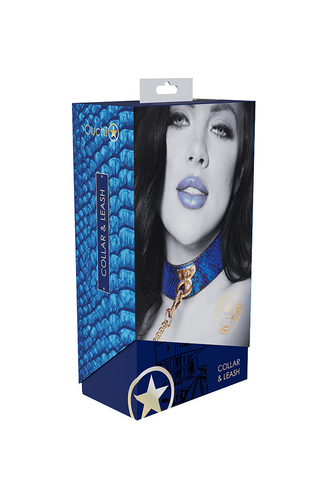 Ouch Florence Collection Collar with Leash PU Leather with Iridescent Hardware - Blue > Bondage Gear > Collars & Leashes