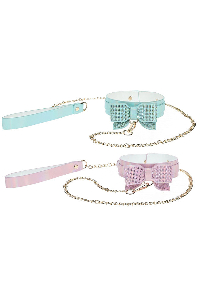 Ouch Paris Collection Collar with Leash in Light Blue PU Leather with Iridescent Hardware > Bondage Gear > Collars & Leashes
