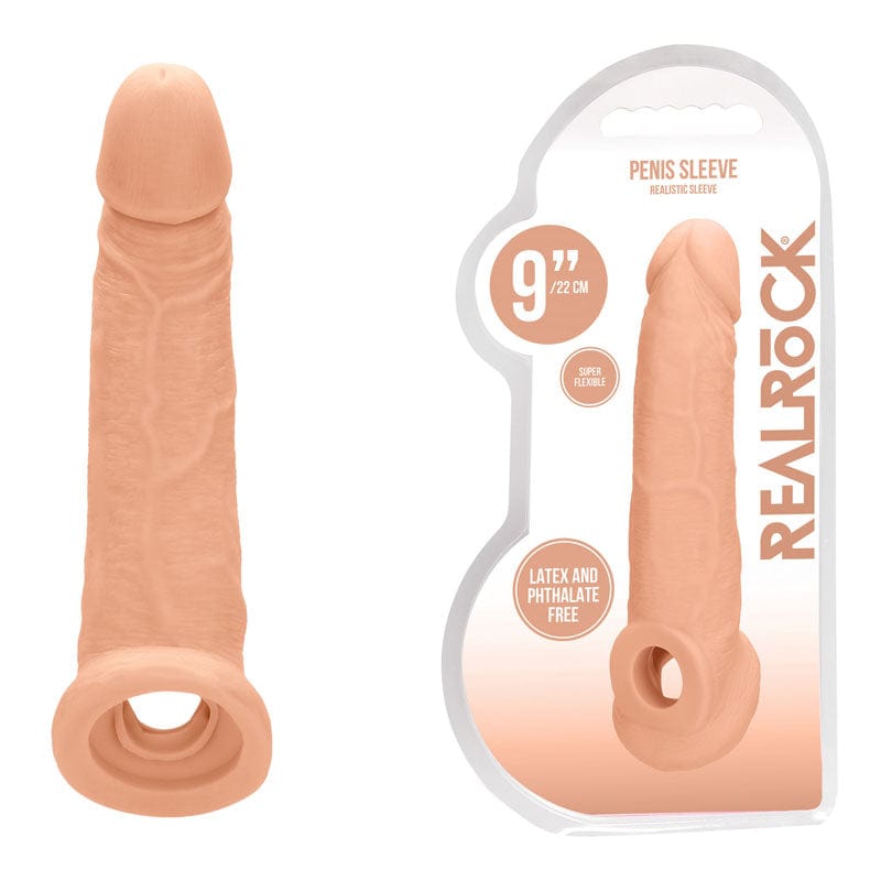 Shots Toys SLEEVES Flesh REALROCK 9'' Realistic Penis Extender with Rings -  22.9 cm Penis Extension Sleeve 7423522551516