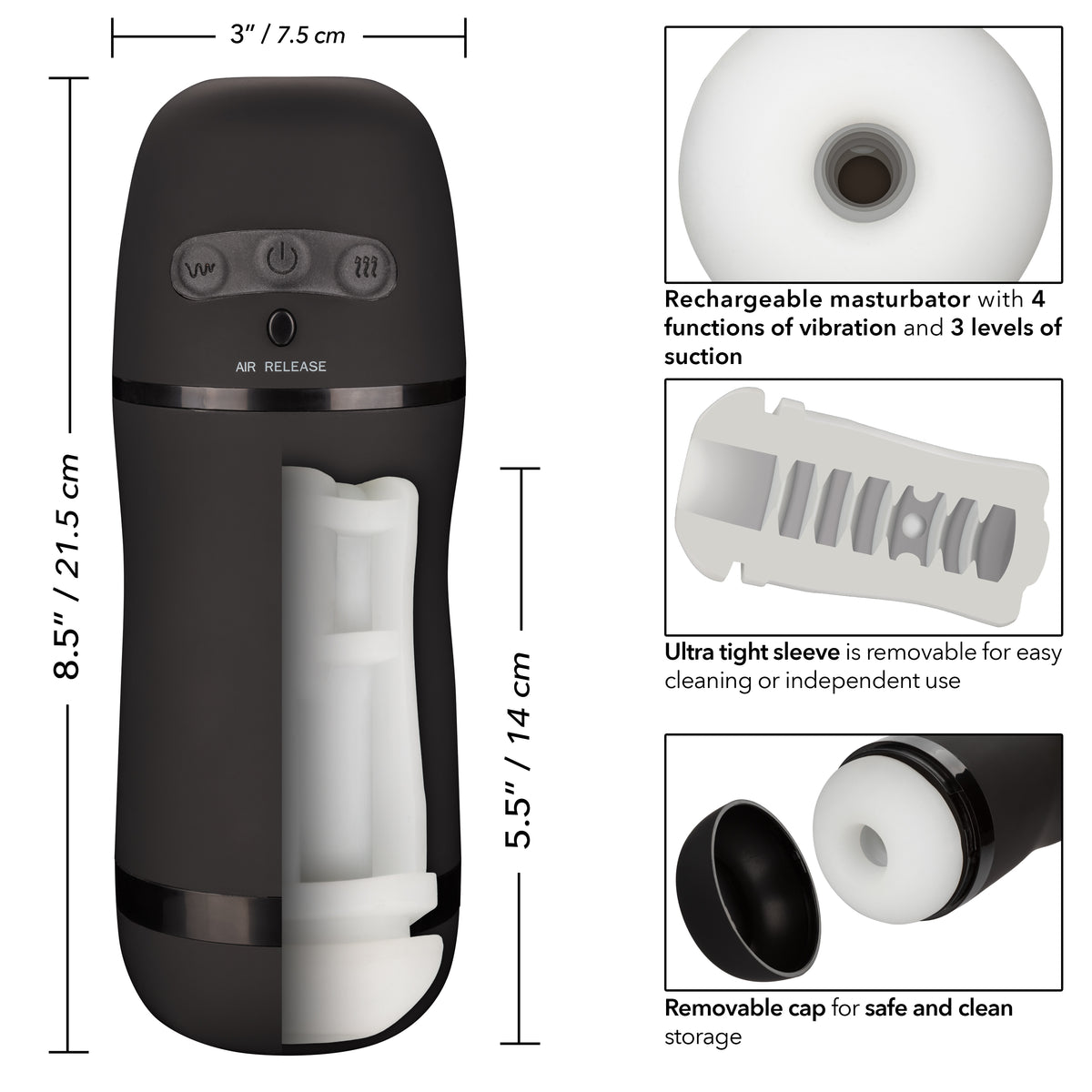 Optimum Power Pulsar Stroker Black Vibrating Masturbator with Suction and Textured Sleeve