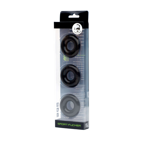 Sport Fucker Rubber Cockring 3 Pk Black - Stretchable Size COCK RINGS