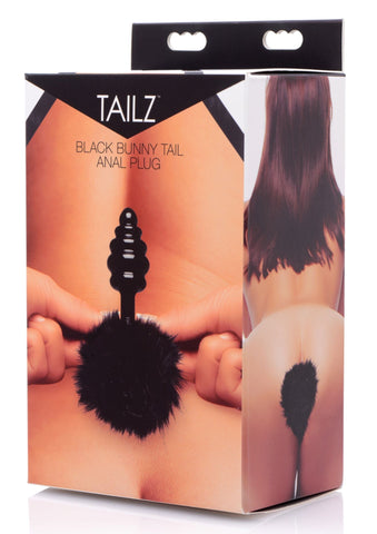 Black Bunny Tail Anal Plug with Fuzzy Tail and Tapered Tip Tails