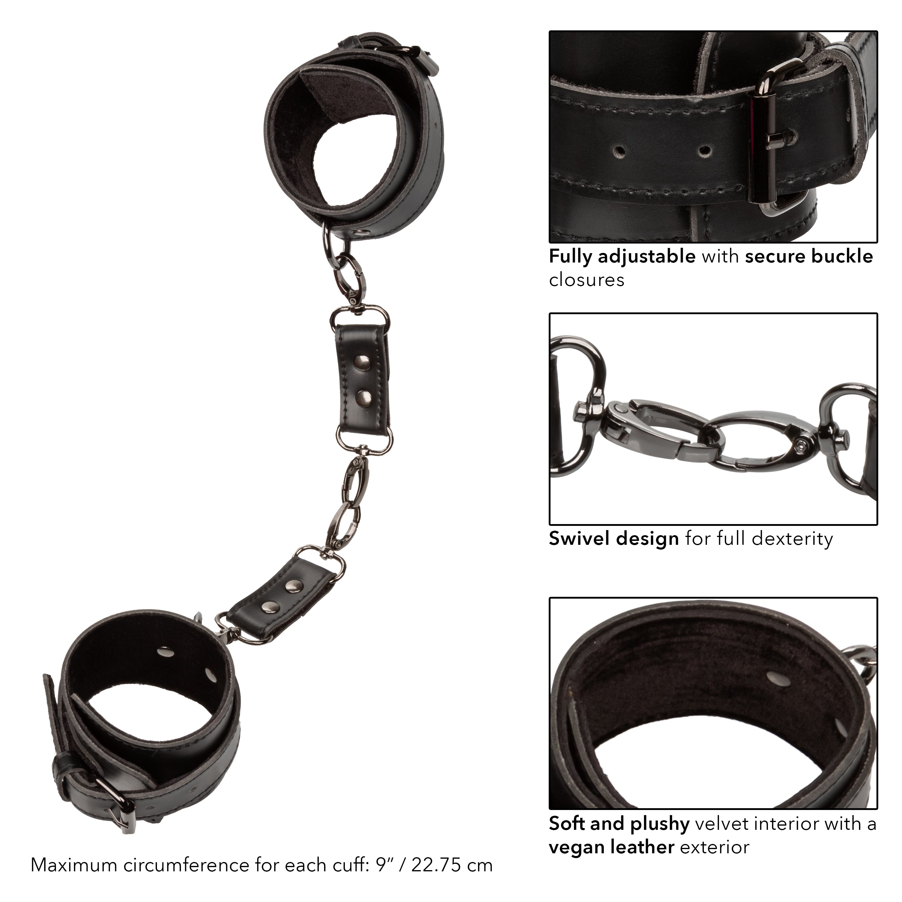 Euphoria Collection Black Adjustable Hand Cuffs with Velvet Interior and Vegan Leather Exterior > Bondage Gear > Restraints