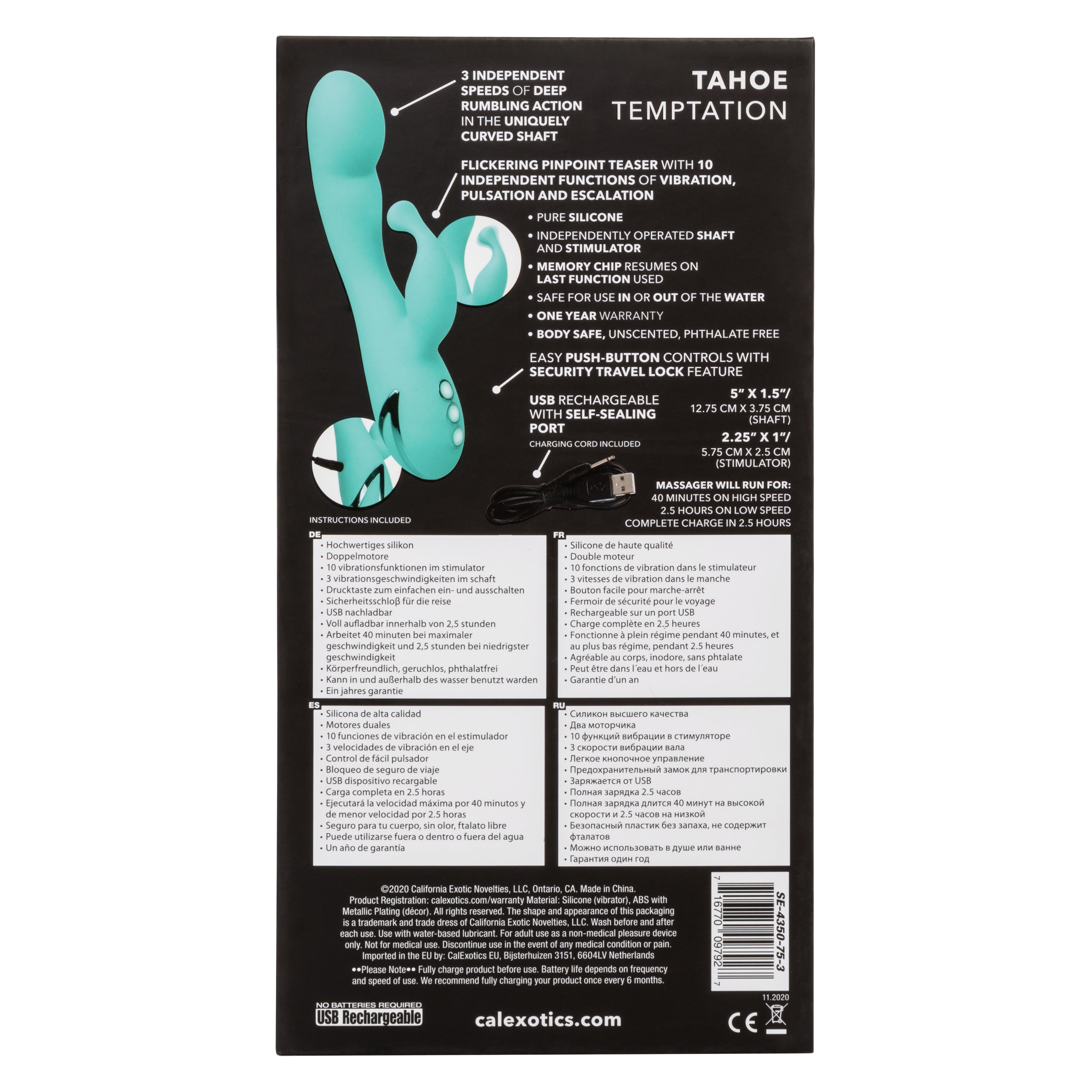 California Dreaming Tahoe Temptation Silicone Massager in Aqua Blue with Dual Vibration and Pinpoint Teaser Default Title > Vibrators > Ladies > Rabbit