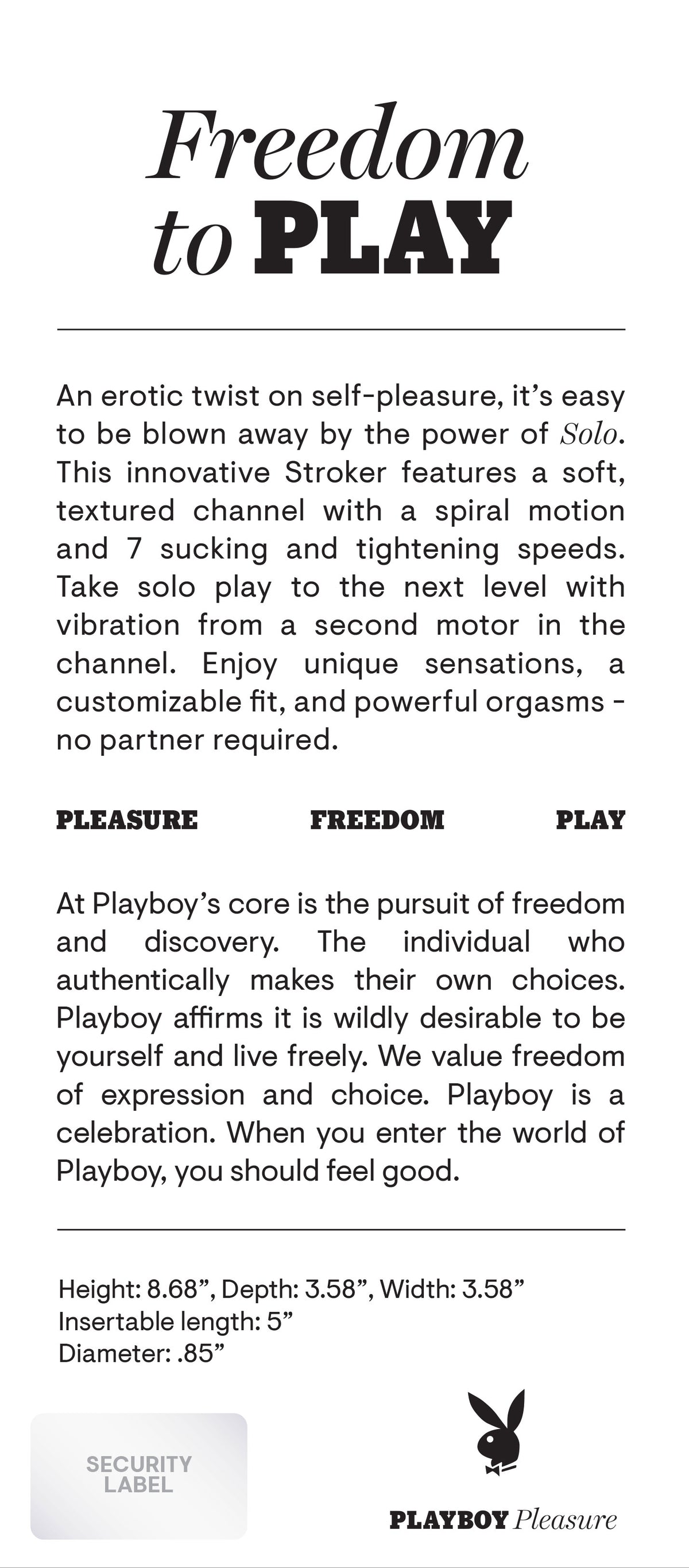 Playboy Pleasure SOLO Stroker with Vibrating Functions > Sex Toys For Men > Masturbators > Vibrating