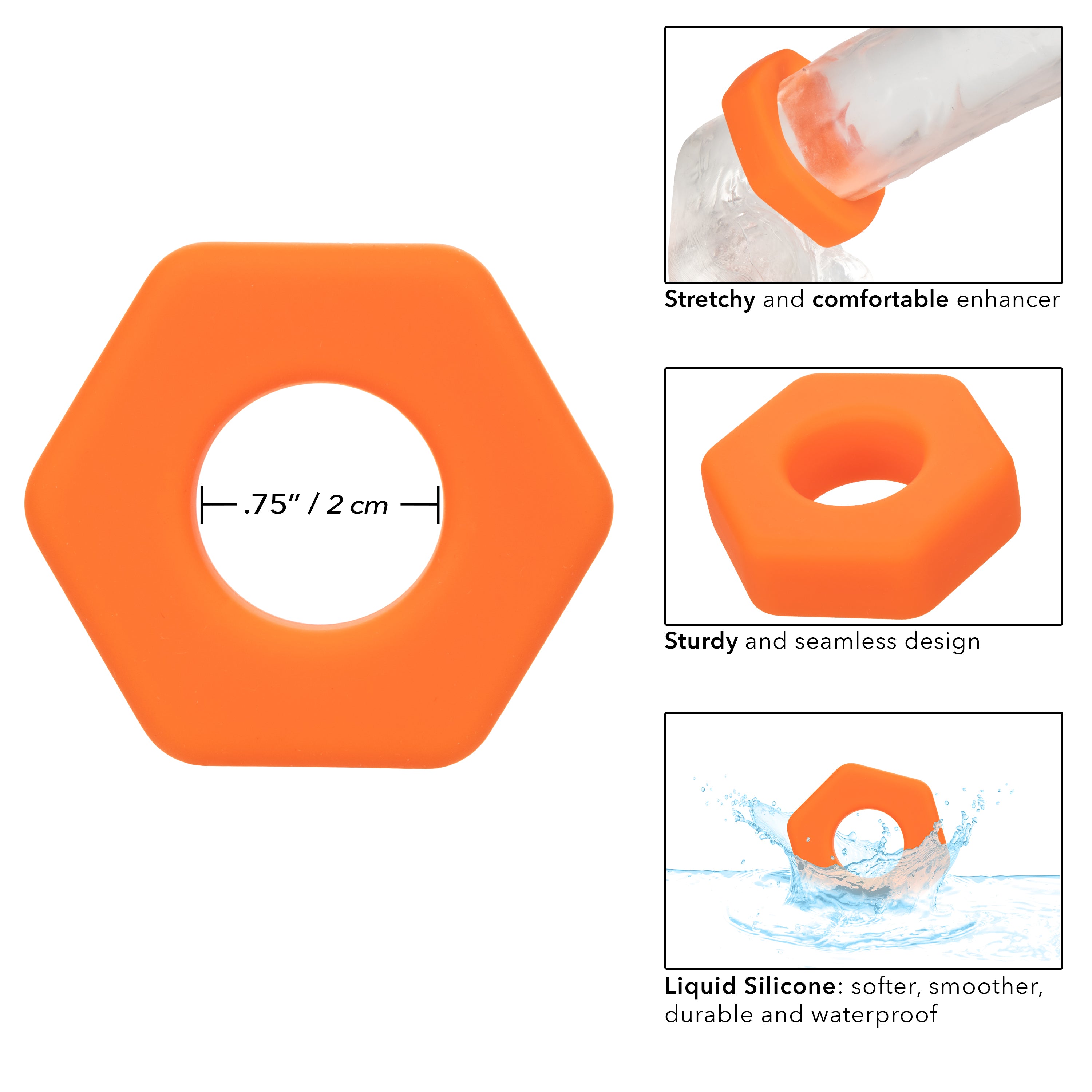 Alpha Liquid Silicone Prolong Sexagon Ring Orange 0.75 Inch Diameter Stretchy Durable Waterproof COCK RINGS