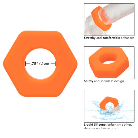 Alpha Liquid Silicone Prolong Sexagon Ring Orange 0.75 Inch Diameter Stretchy Durable Waterproof COCK RINGS