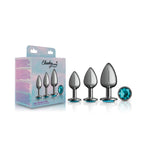 Cheeky Charms Round Metal Butt Plug Gunmetal Three Piece Kit with Teal Jewel > Anal Range > Butt Plug Kits