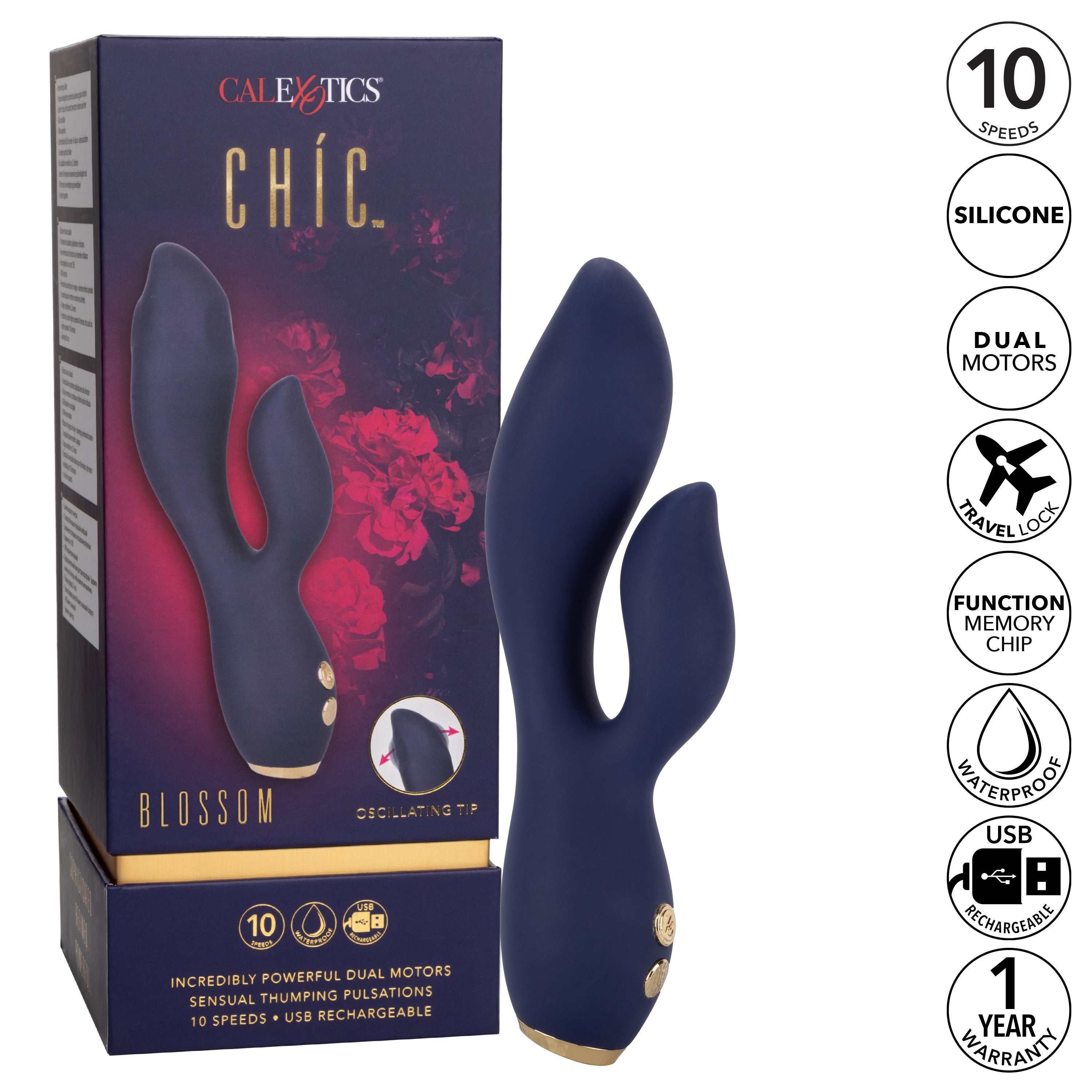 Chic Blossom Navy Blue Flexible Silicone Dual Motor Vibrator with Gold Accents, 10 Speeds, Waterproof and Rechargeable > Vibrators > Ladies > Rabbit