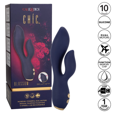 Chic Blossom Navy Blue Flexible Silicone Dual Motor Vibrator with Gold Accents, 10 Speeds, Waterproof and Rechargeable > Vibrators > Ladies > Rabbit
