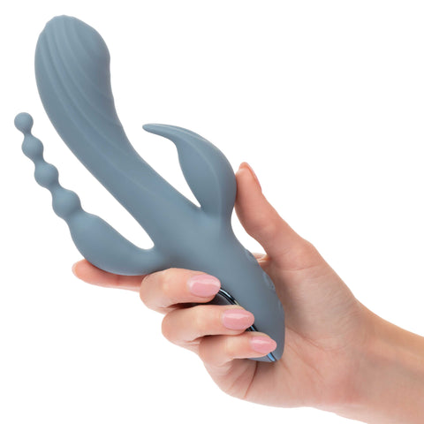 Triple Motor Rechargeable Vibrator Massager With Beaded Tail Blue VIBRATORS-RABBIT