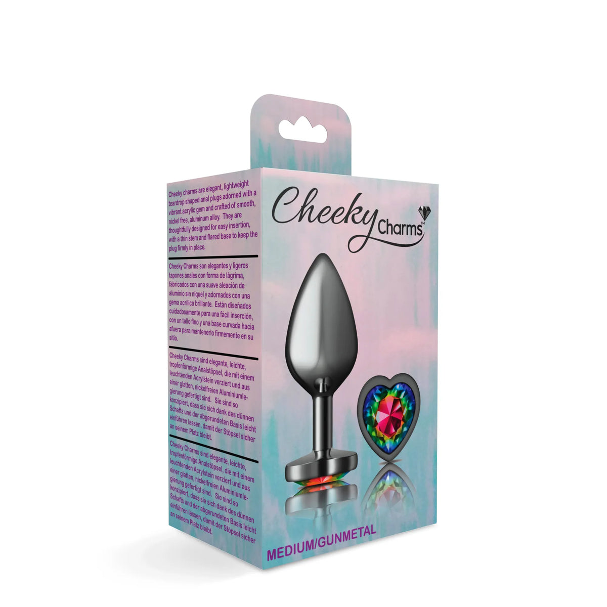 Cheeky Charms Gunmetal Medium Butt Plug with Heart Rainbow Jewel > Anal Range > Jewel Butt Plugs