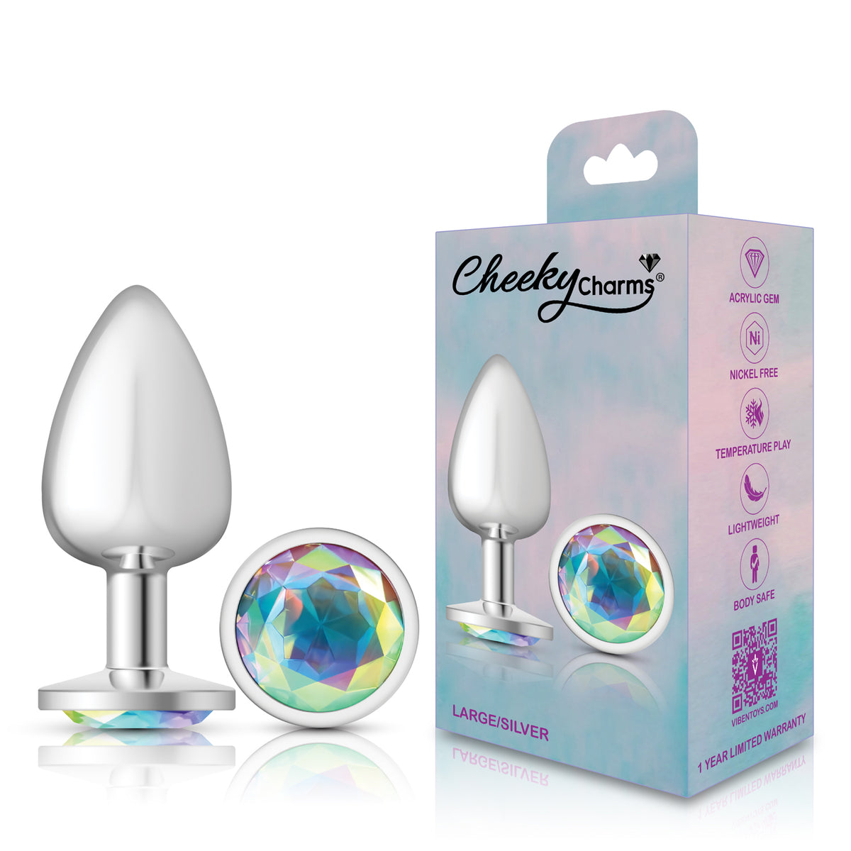 Cheeky Charms Silver Round Butt Plug with Clear Iridescent Jewel Large (9.12cm) > Anal Range > Jewel Butt Plugs