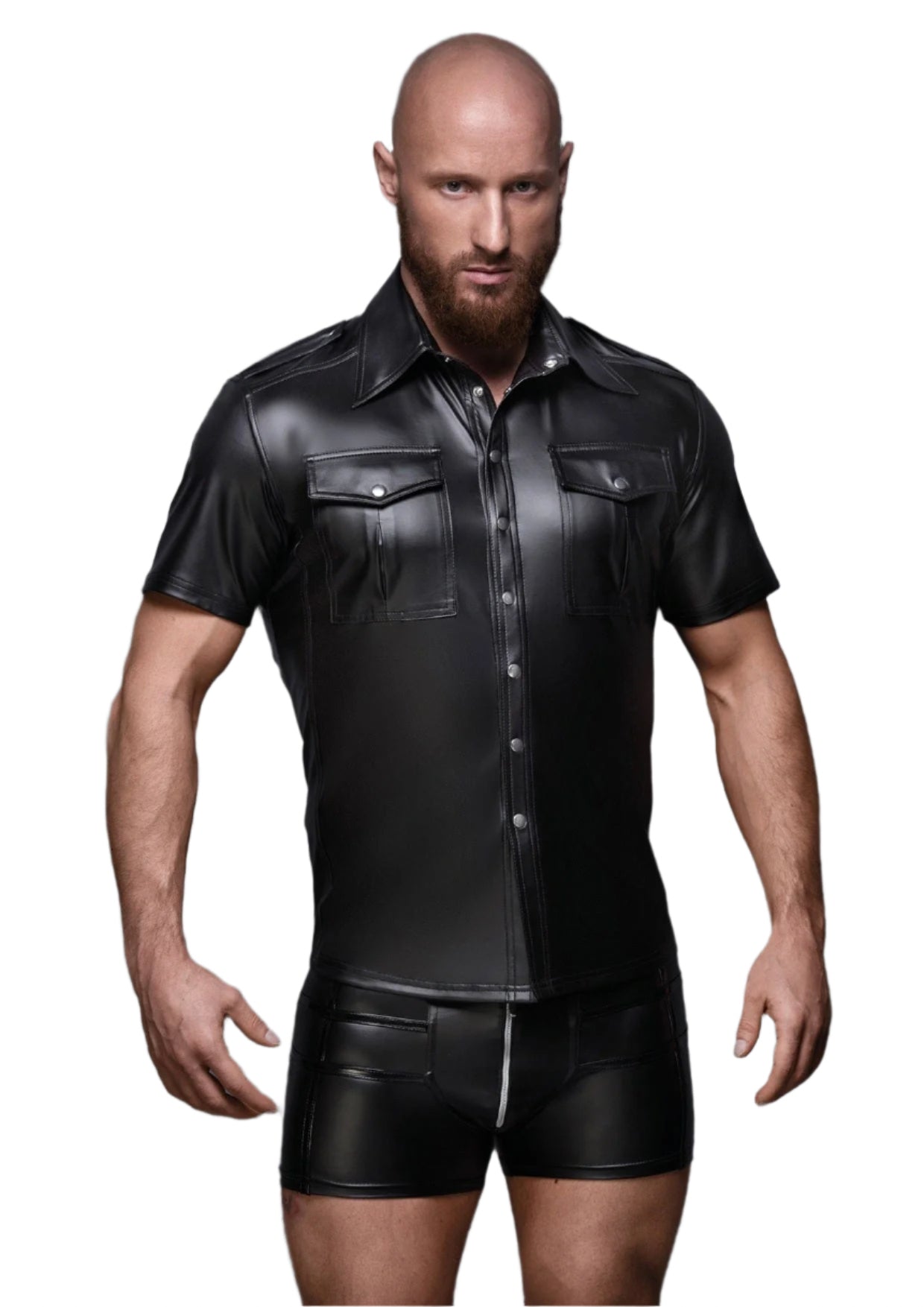 Black Wet Look Short Sleeve Shirt With Front Pockets Mens Latex