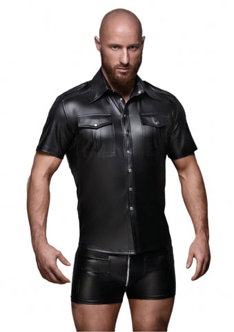 Black Wet Look Short Sleeve Shirt With Front Pockets Mens Latex