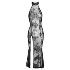 Long Tulle Dress with Intricate Flock Embroidery Floor-Length Halter Gown > Clothes > Dresses and Chemises