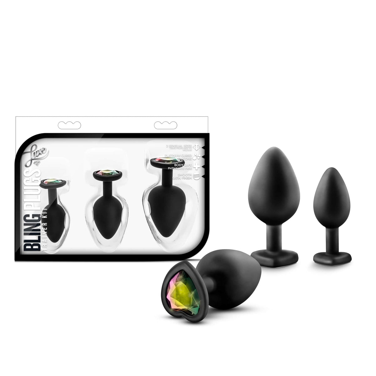 Luxe Bling Plugs Training Kit Black With Rainbow Gems 3 Sizes (3 Inch) > Anal Range > Butt Plug Kits