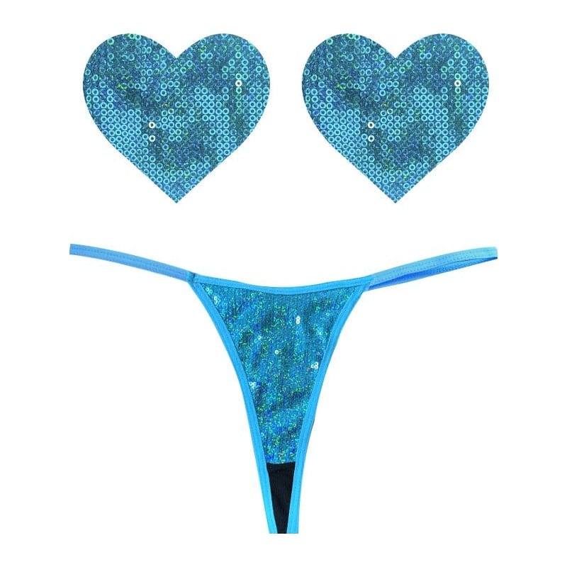 Mahi Mahi Blue Sequin G-String and Heart Pastie Set > Clothes > Pasties Main image