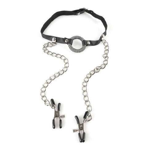 Fetish Fantasy Series O Ring Gag with Nipple Clamps Body Restraints Restraints