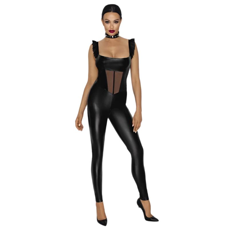 Power Wetlook Overall with Tulle Panel for Striking Style Womens Latex