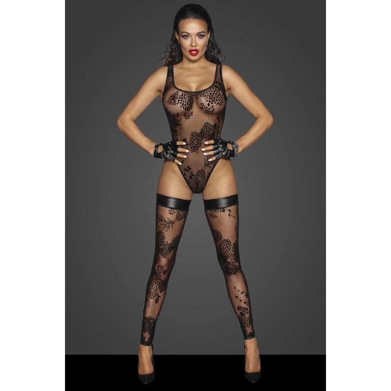 Tulle Bodysuit with Patterned Flock Embroidery for Elegant Allure Bodystocking
